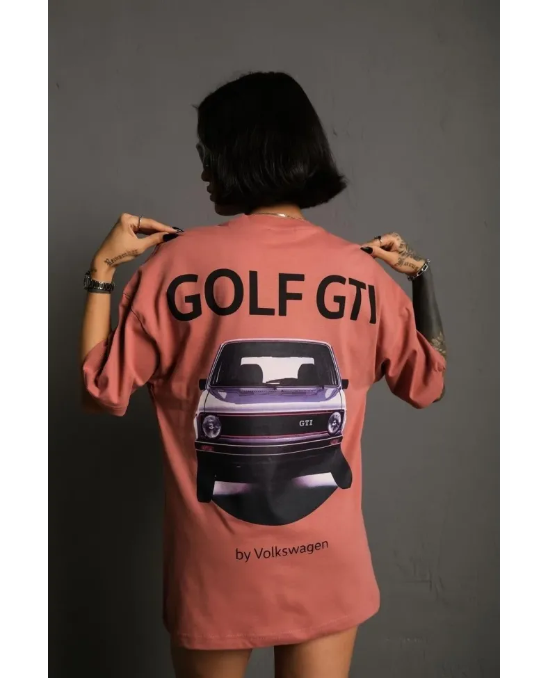 Kadın Oversize Baskılı Tişört Golf GTI Retro Araba Desenli Ön Arka Dijital - Gül Kurusu