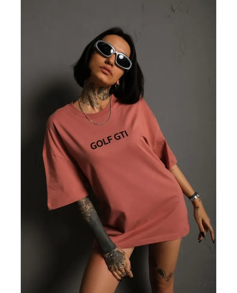 Kadın Oversize Baskılı Tişört Golf GTI Retro Araba Desenli Ön Arka Dijital - Gül Kurusu