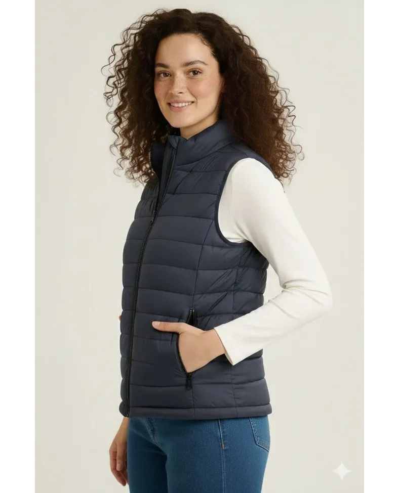 Kadın Şişme Fermuarlı Yelek Su itici Kapitone Astarlı Cepli Hafif Spor Kalıp - Lacivert