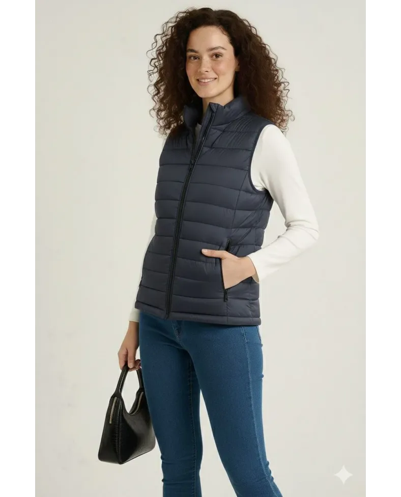 Kadın Şişme Fermuarlı Yelek Su itici Kapitone Astarlı Cepli Hafif Spor Kalıp - Lacivert