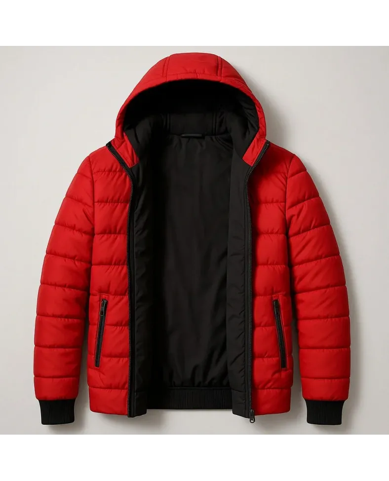 KADIN Şişme Kapüşonlu Fermuarlı Mont Su İtici Kapitone Cepli Ceket -  Kırmızı
