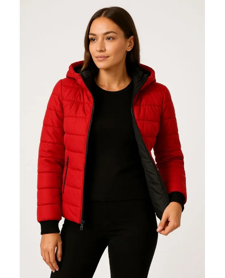 KADIN Şişme Kapüşonlu Fermuarlı Mont Su İtici Kapitone Cepli Ceket -  Kırmızı