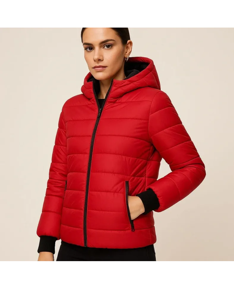 KADIN Şişme Kapüşonlu Fermuarlı Mont Su İtici Kapitone Cepli Ceket -  Kırmızı