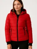 KADIN Şişme Kapüşonlu Fermuarlı Mont Su İtici Kapitone Cepli Ceket -  Kırmızı