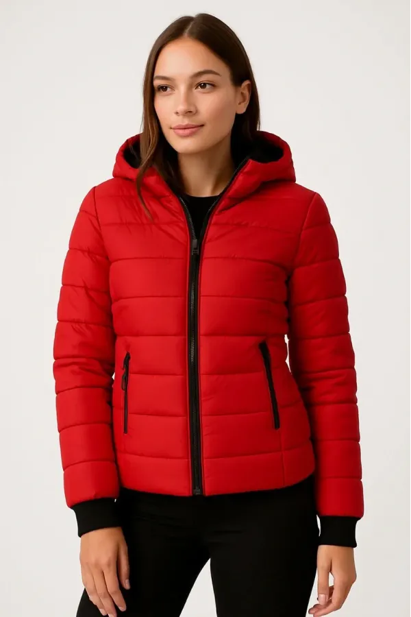 KADIN Şişme Kapüşonlu Fermuarlı Mont Su İtici Kapitone Cepli Ceket -  Kırmızı