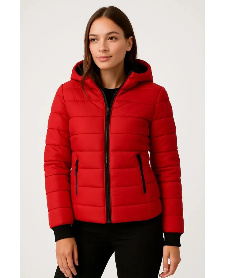 KADIN Şişme Kapüşonlu Fermuarlı Mont Su İtici Kapitone Cepli Ceket -  Kırmızı
