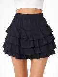 Kadın Siyah Katlı Mini Fırfıtlı Etek Lastikli Yüksel Bel Volanlı Tasarım Kalıp ve - Siyah