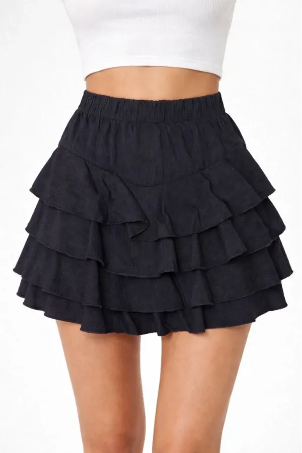 Kadın Siyah Katlı Mini Fırfıtlı Etek Lastikli Yüksel Bel Volanlı Tasarım Kalıp ve - Siyah