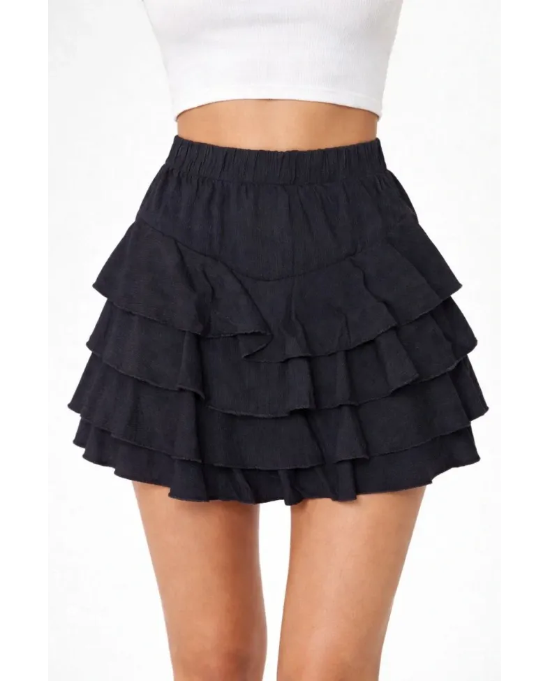 Kadın Siyah Katlı Mini Fırfıtlı Etek Lastikli Yüksel Bel Volanlı Tasarım Kalıp ve - Siyah