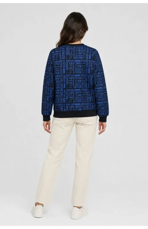 Kadın Siyah Mavi Yazı Desenli İki İplik Şardonlu Sweatshirt