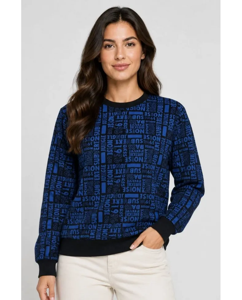 Kadın Siyah Mavi Yazı Desenli İki İplik Şardonlu Sweatshirt
