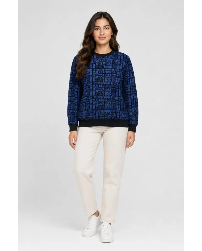 Kadın Siyah Mavi Yazı Desenli İki İplik Şardonlu Sweatshirt