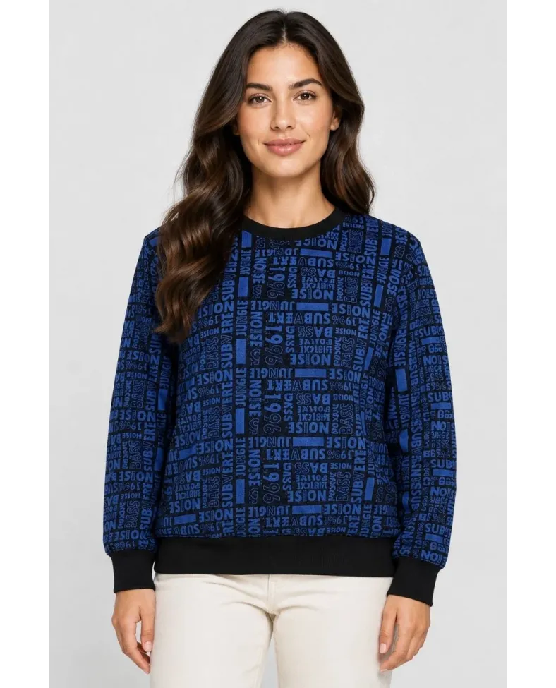 Kadın Siyah Mavi Yazı Desenli İki İplik Şardonlu Sweatshirt