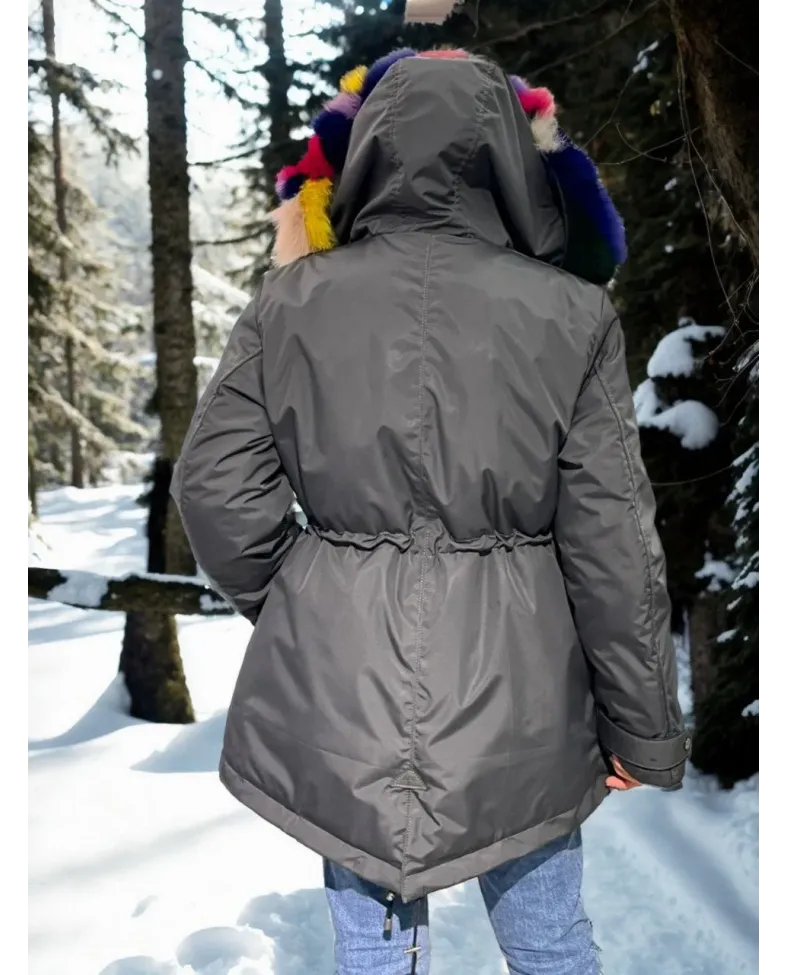 Kadın Su Geçirmez Kapüşonlu Mont - Füme