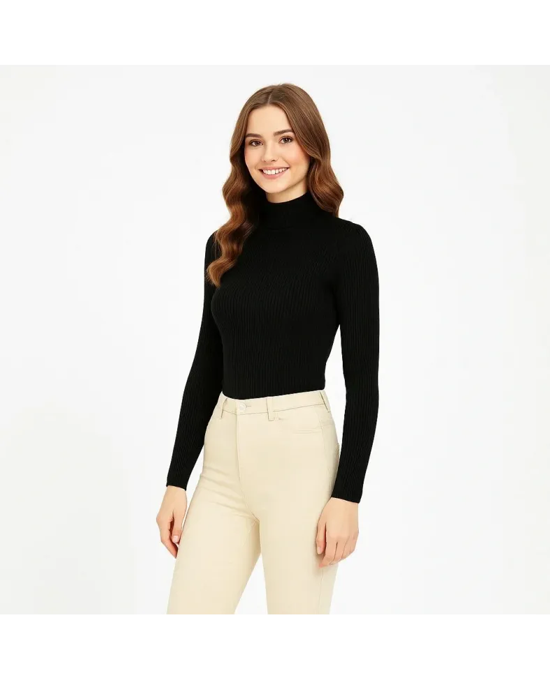 Kadın Tam Boğazlı Fitilli Likrali Koşkorse Badi - Siyah