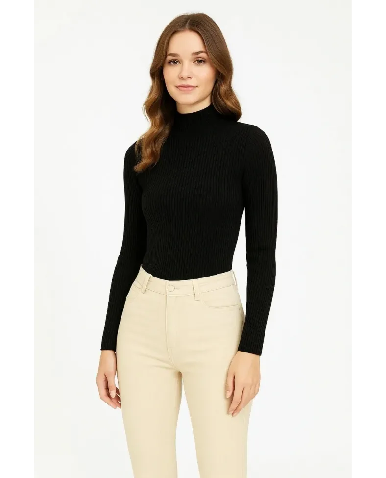 Kadın Tam Boğazlı Fitilli Likrali Koşkorse Badi - Siyah