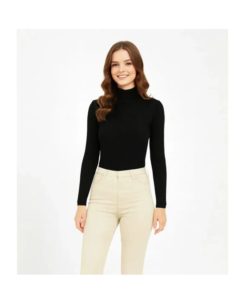 Kadın Tam Boğazlı Fitilli Likrali Koşkorse Badi - Siyah