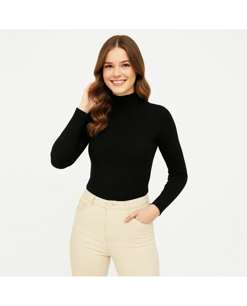 Kadın Tam Boğazlı Fitilli Likrali Koşkorse Badi - Siyah