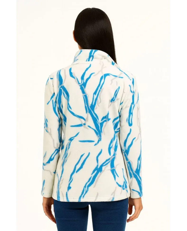 Kadın Tam Fermuarlı Desenli Polar Sweat Lightning Desen Yakalı Uzun Kollu Oversize - Beyaz