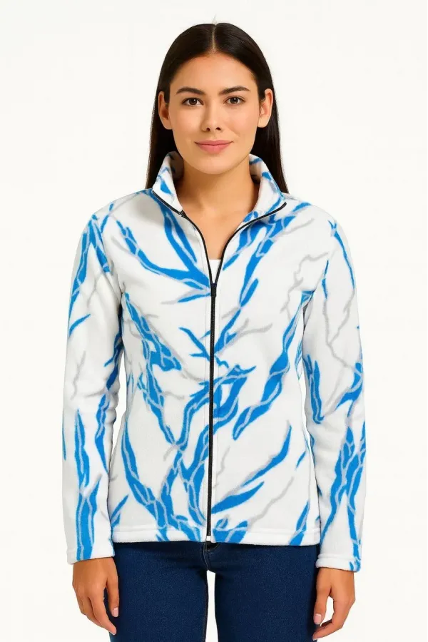 Kadın Tam Fermuarlı Desenli Polar Sweat Lightning Desen Yakalı Uzun Kollu Oversize - Beyaz