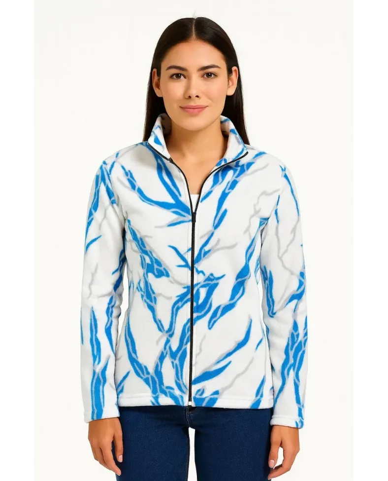 Kadın Tam Fermuarlı Desenli Polar Sweat Lightning Desen Yakalı Uzun Kollu Oversize - Beyaz