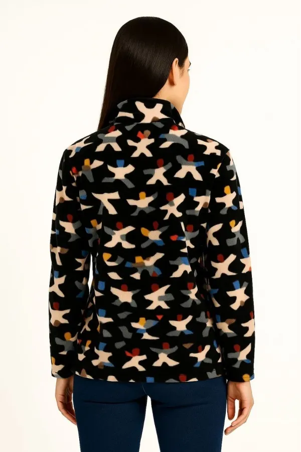 Kadın Tam Fermuarlı Desenli Polar Sweat Siyah Multicolor Figür Desen Yakalı Uzun - Siyah