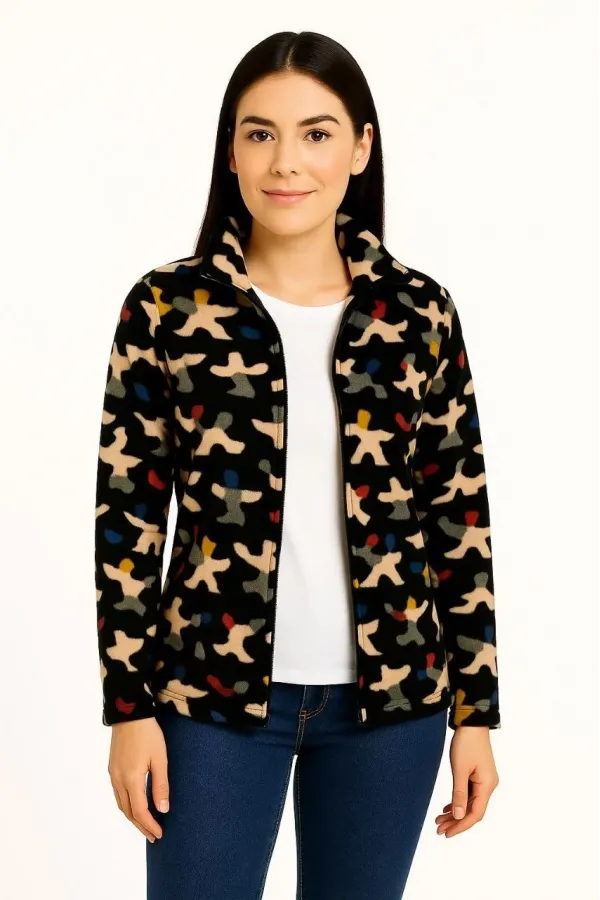 Kadın Tam Fermuarlı Desenli Polar Sweat Siyah Multicolor Figür Desen Yakalı Uzun - Siyah
