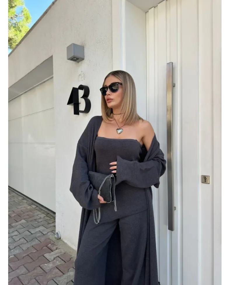 Kadın Triko 3 Parça Takım Straplez Üst Pantolon Uzun Hırka - Füme