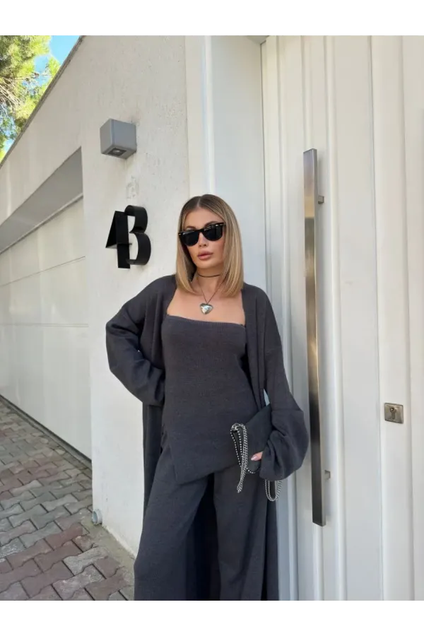 Kadın Triko 3 Parça Takım Straplez Üst Pantolon Uzun Hırka - Füme