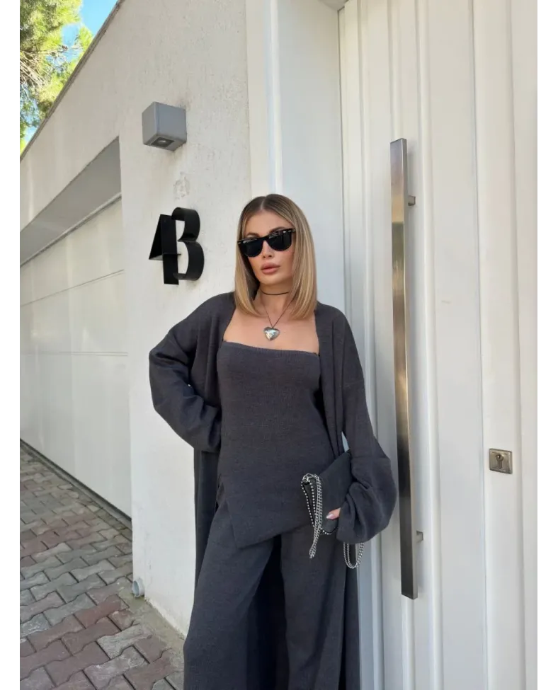 Kadın Triko 3 Parça Takım Straplez Üst Pantolon Uzun Hırka - Füme