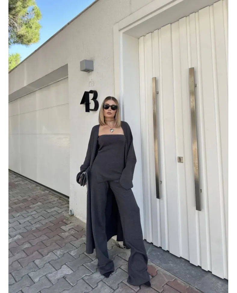 Kadın Triko 3 Parça Takım Straplez Üst Pantolon Uzun Hırka - Füme