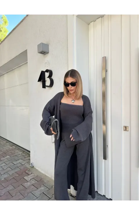 Kadın Triko 3 Parça Takım Straplez Üst Pantolon Uzun Hırka - Füme