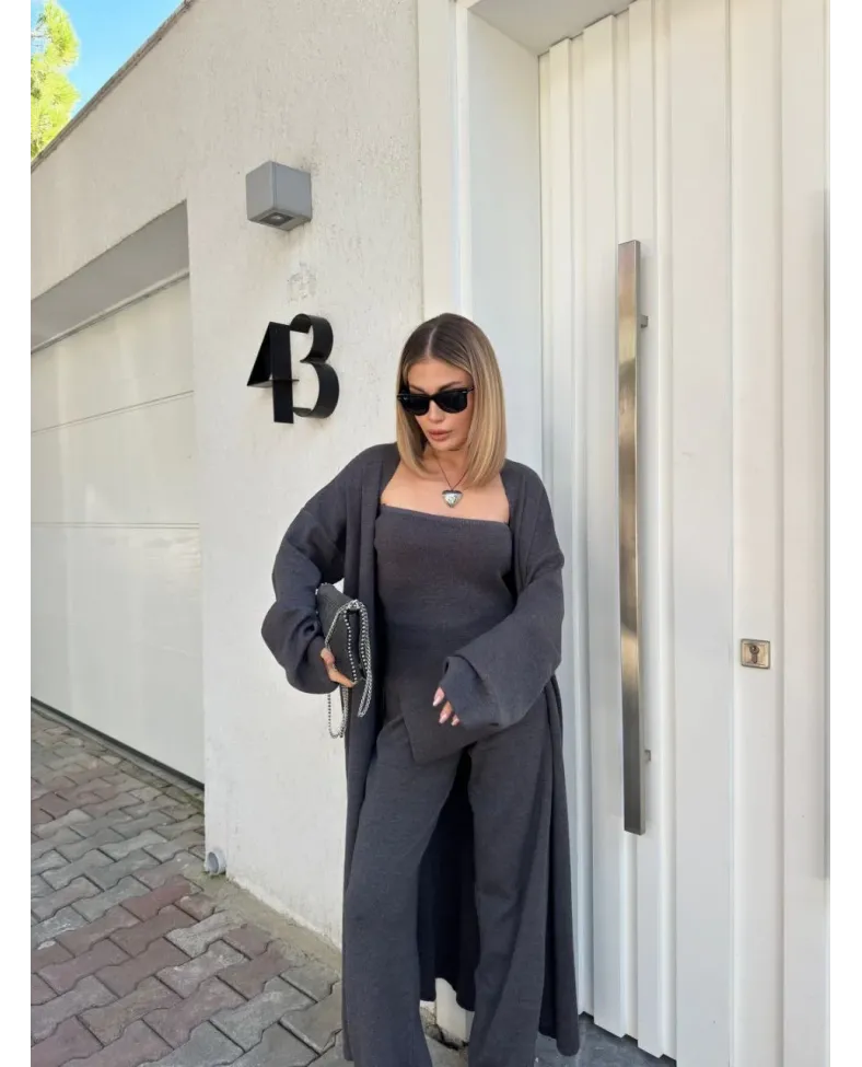 Kadın Triko 3 Parça Takım Straplez Üst Pantolon Uzun Hırka - Füme