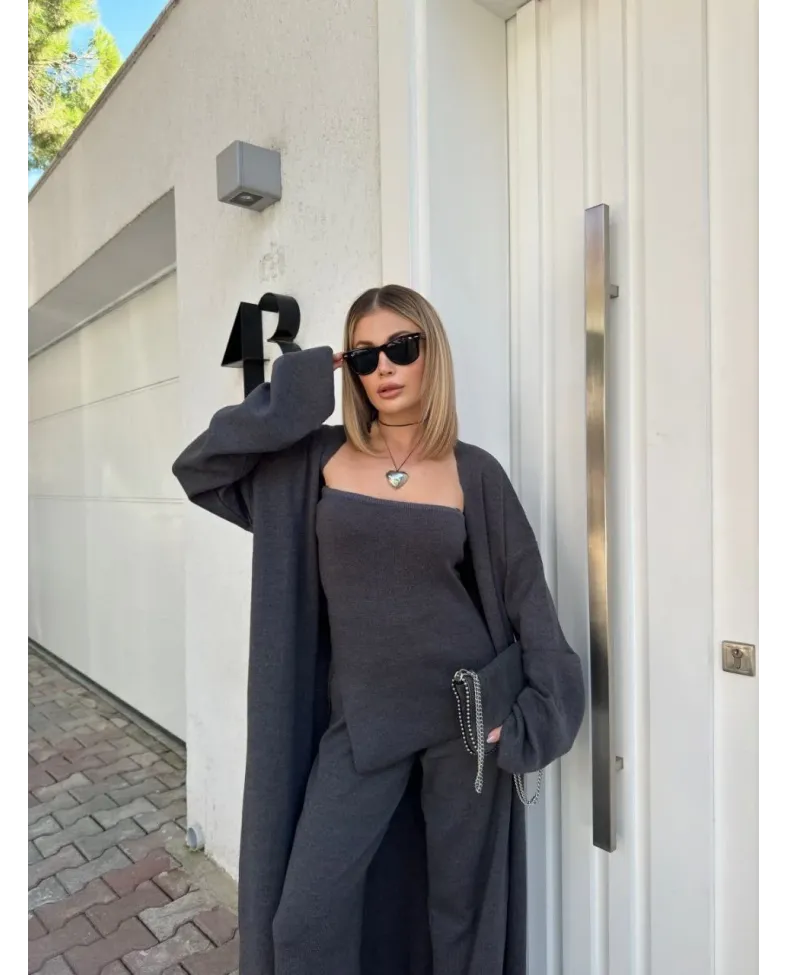 Kadın Triko 3 Parça Takım Straplez Üst Pantolon Uzun Hırka - Füme