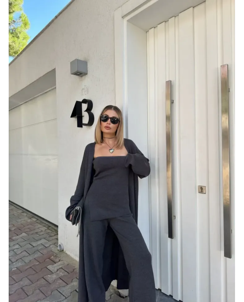 Kadın Triko 3 Parça Takım Straplez Üst Pantolon Uzun Hırka - Füme