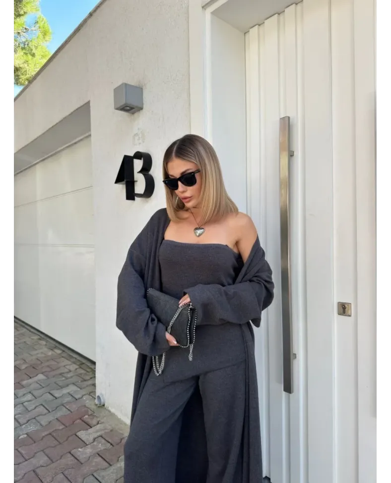 Kadın Triko 3 Parça Takım Straplez Üst Pantolon Uzun Hırka - Füme