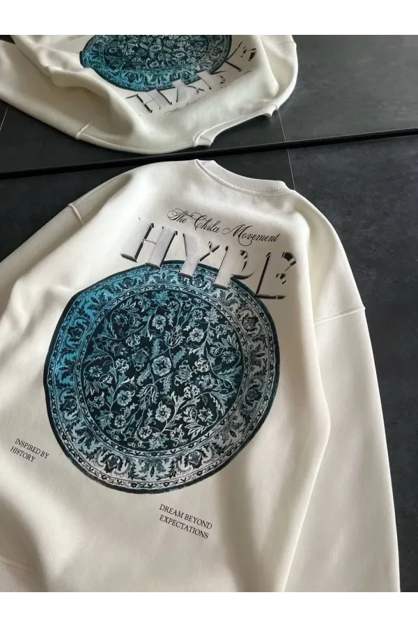 Kadın Üç İplik Bisiklet Yaka Baskılı SweatShirt - Beyaz