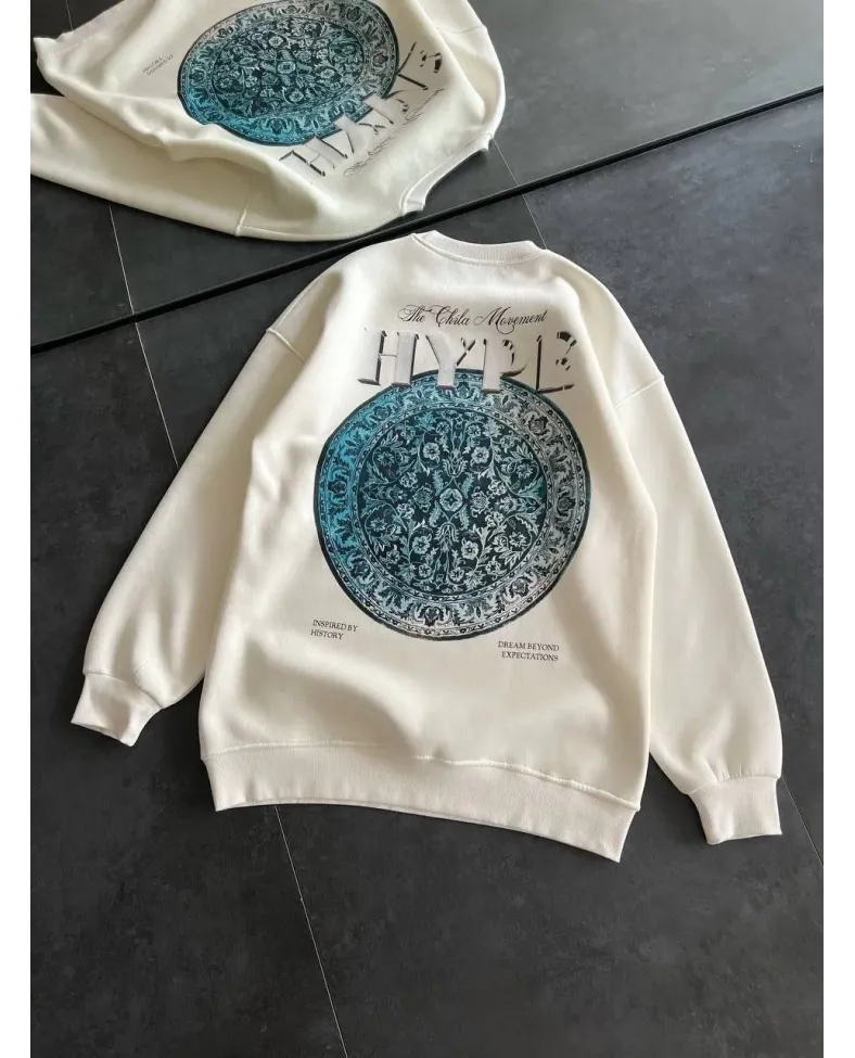 Kadın Üç İplik Bisiklet Yaka Baskılı SweatShirt - Beyaz