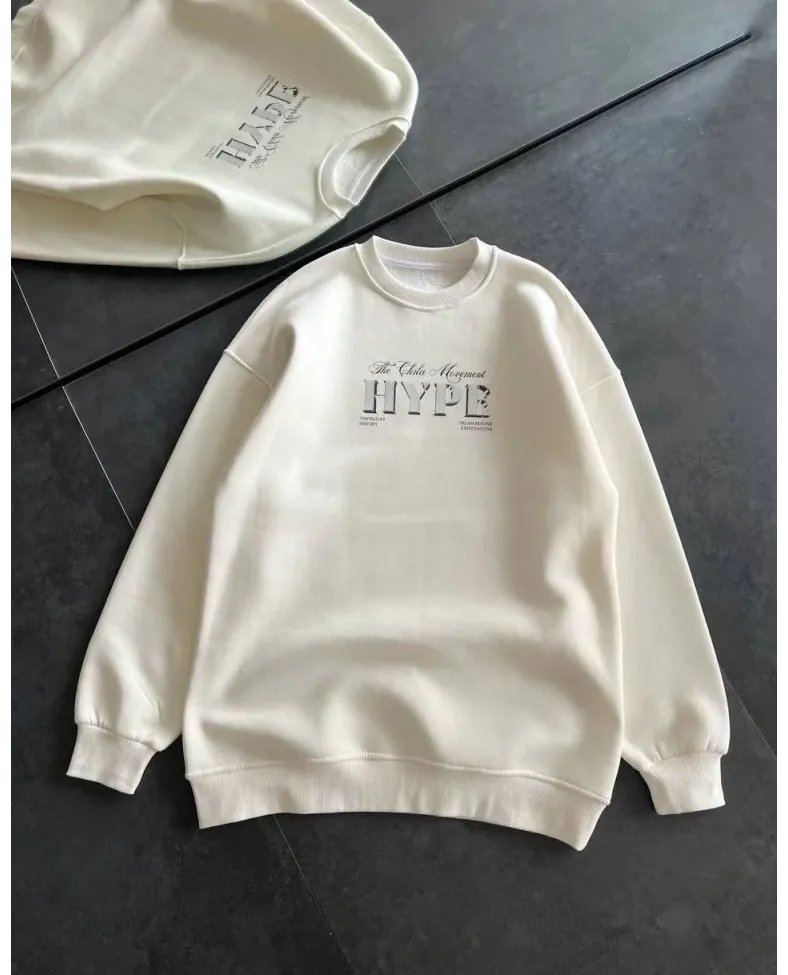 Kadın Üç İplik Bisiklet Yaka Baskılı SweatShirt - Beyaz