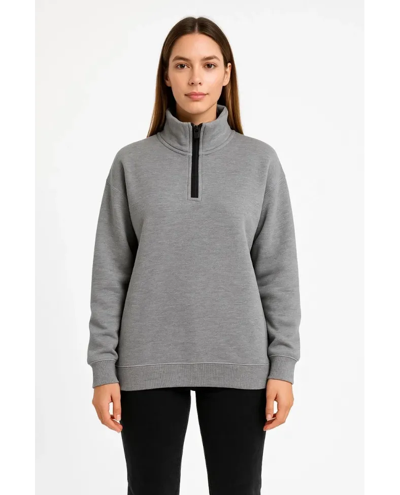 Kadın Üç İplik Dık Yaka Yarım Fermuarlı SweatShirt - Gri