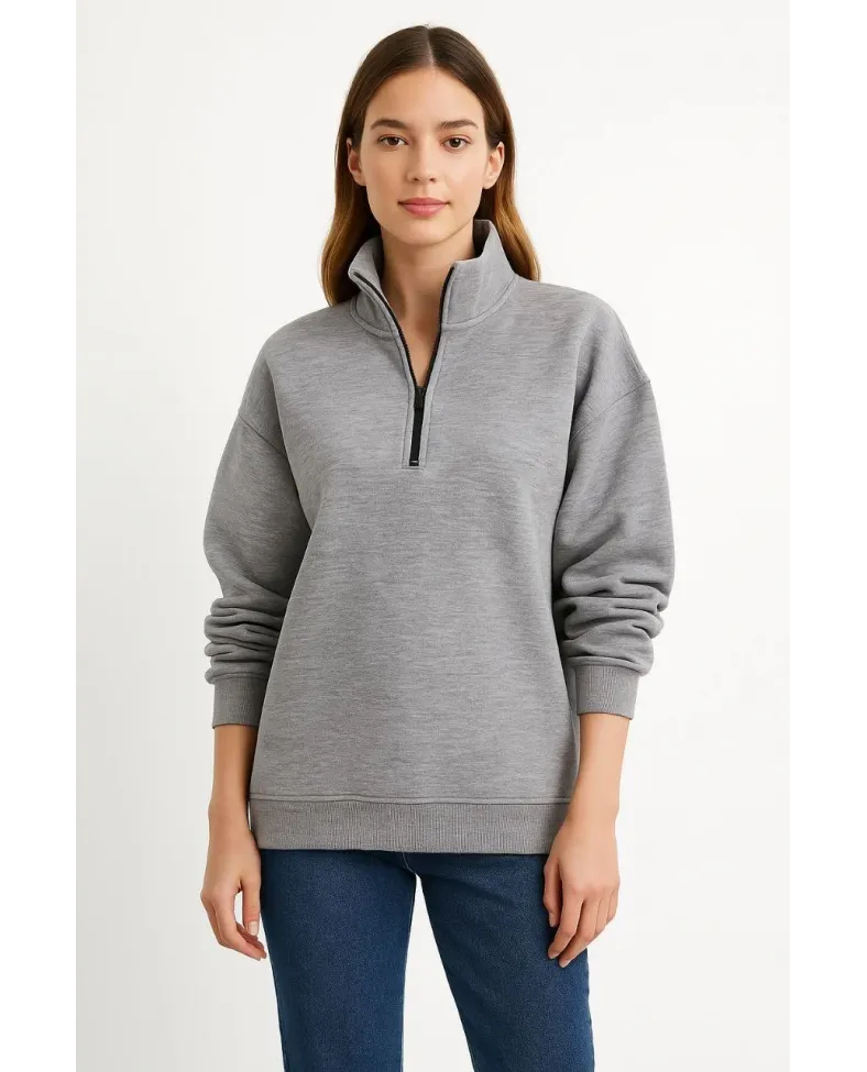 Kadın Üç İplik Dık Yaka Yarım Fermuarlı SweatShirt - Gri