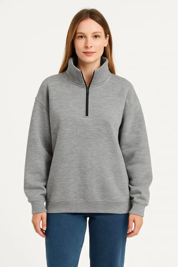 Kadın Üç İplik Dık Yaka Yarım Fermuarlı SweatShirt - Gri