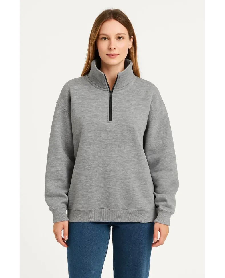 Kadın Üç İplik Dık Yaka Yarım Fermuarlı SweatShirt - Gri