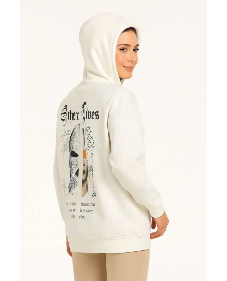Kadın Kapşonlu Sweatshirt Oversize Üç İplik Şardonlu Other Lives Ön Arka Baskılı - Beyaz