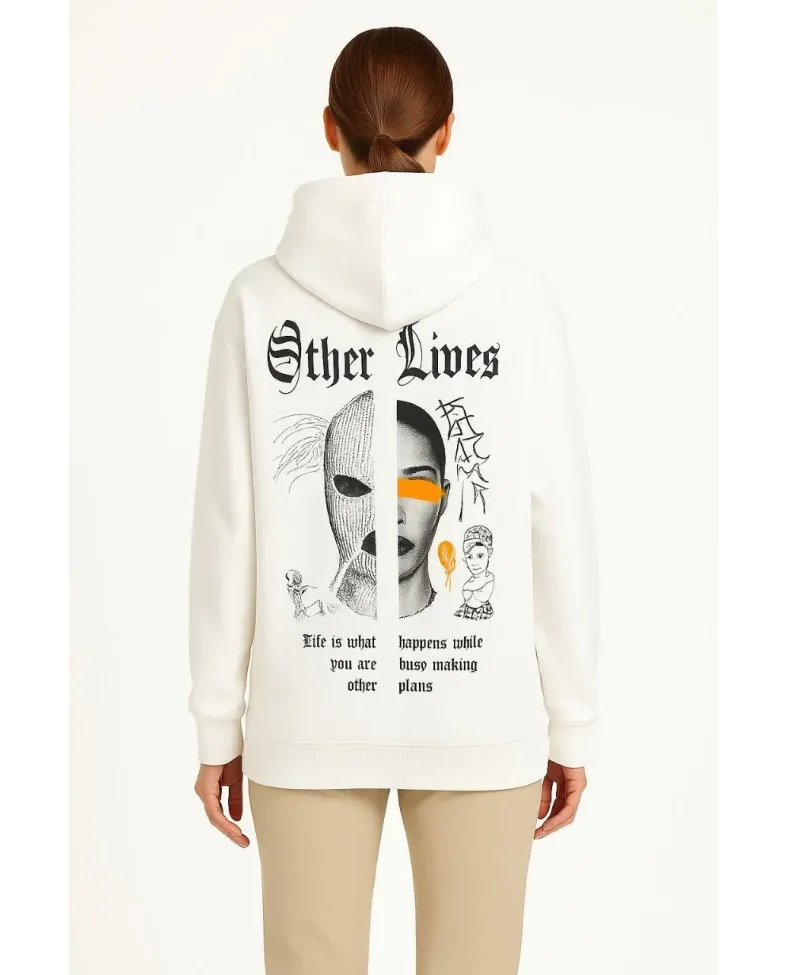 Kadın Kapşonlu Sweatshirt Oversize Üç İplik Şardonlu Other Lives Ön Arka Baskılı - Beyaz