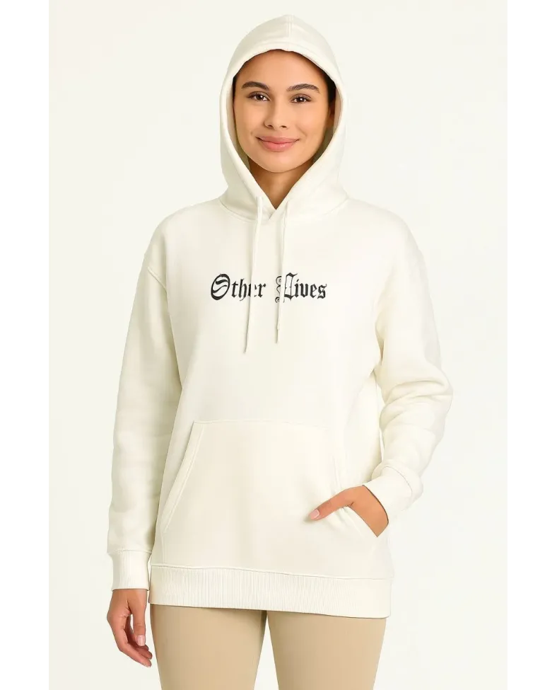 Kadın Kapşonlu Sweatshirt Oversize Üç İplik Şardonlu Other Lives Ön Arka Baskılı - Beyaz