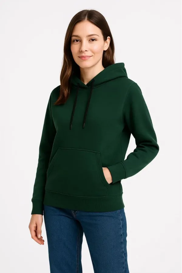 Kadın Üç İplik Kapüşonlu Kanguru Cepli Sweatshirt hoodie - Haki