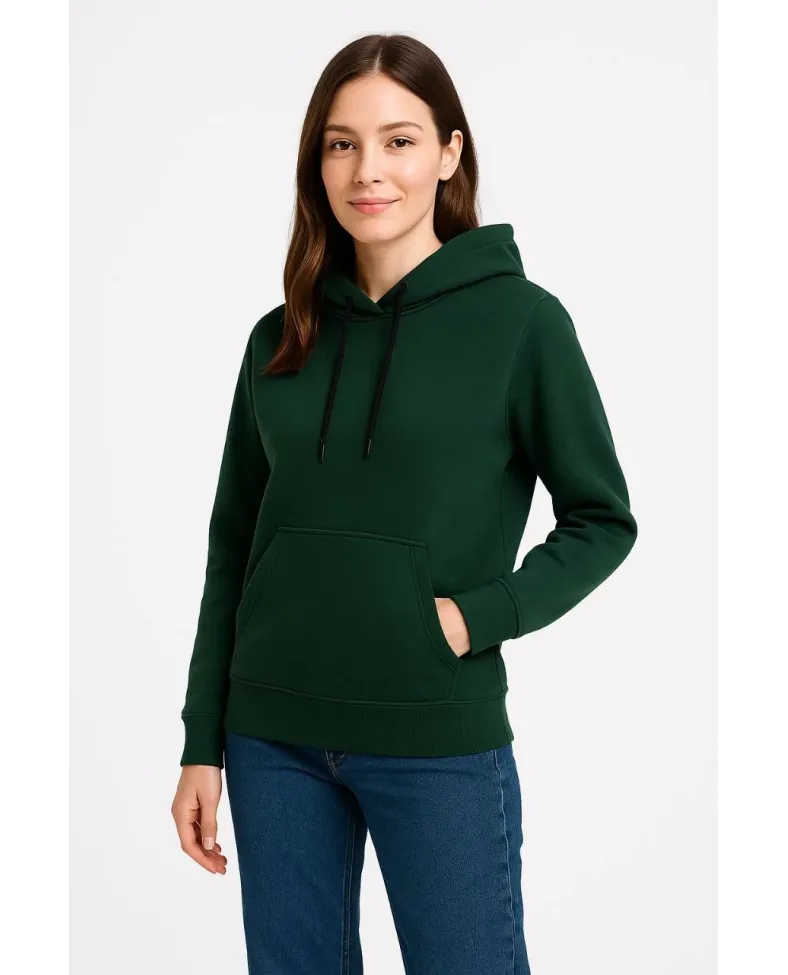 Kadın Üç İplik Kapüşonlu Kanguru Cepli Sweatshirt hoodie - Haki