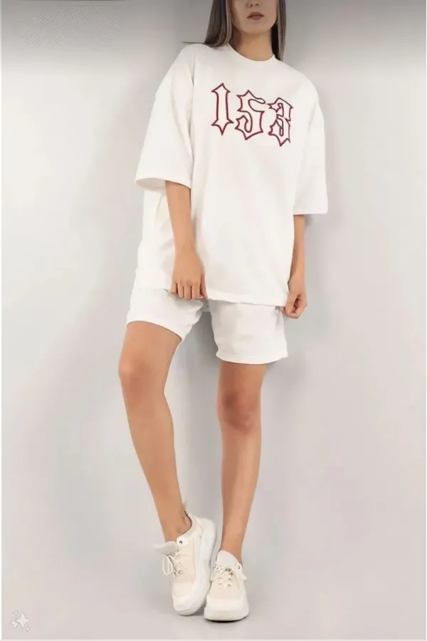 Kadın Nakış İşlemeli Şort Takım - Beyaz