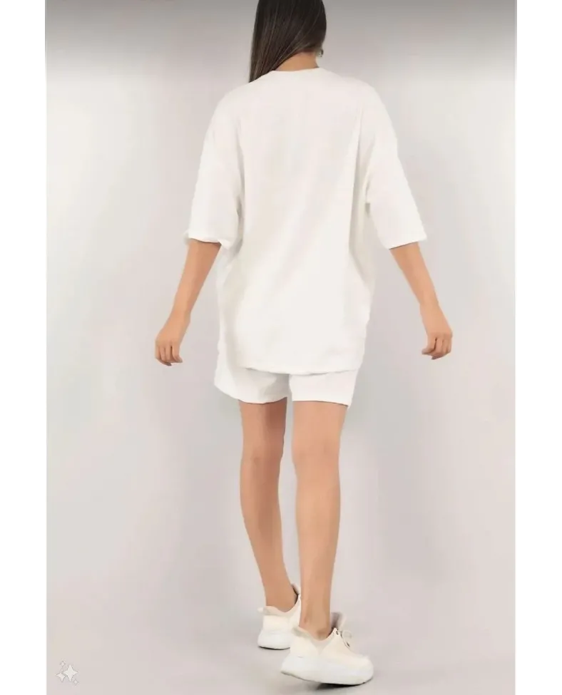 Kadın Nakış İşlemeli Şort Takım - Beyaz